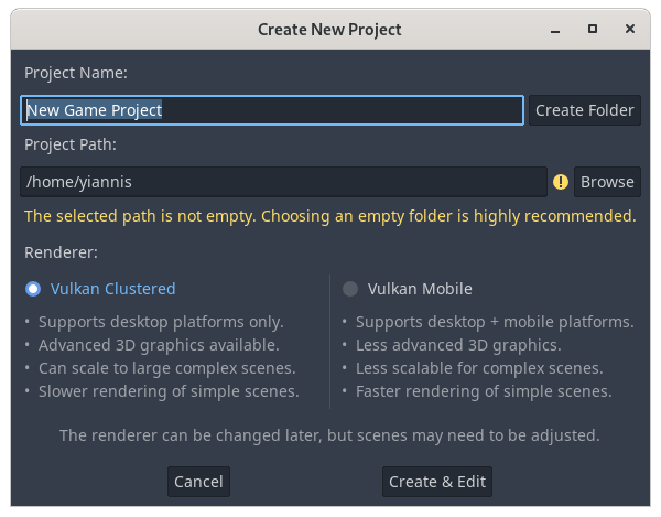 Godot&rsquo;s New Project Dialog