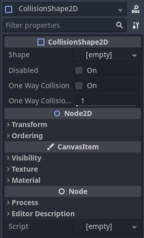 View of the Inspector panel when CollisionShape2D is selected.